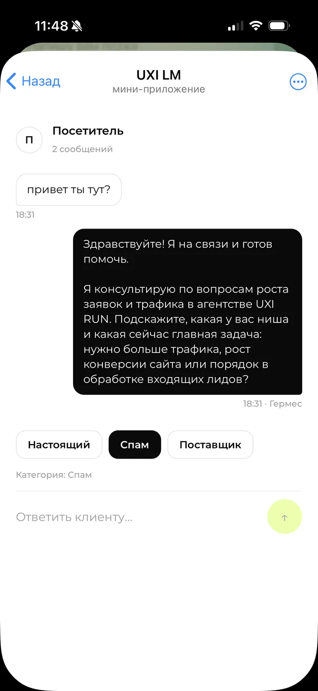 Мини-приложение UXI LM: диалог с посетителем и категории клиент/спам/поставщик