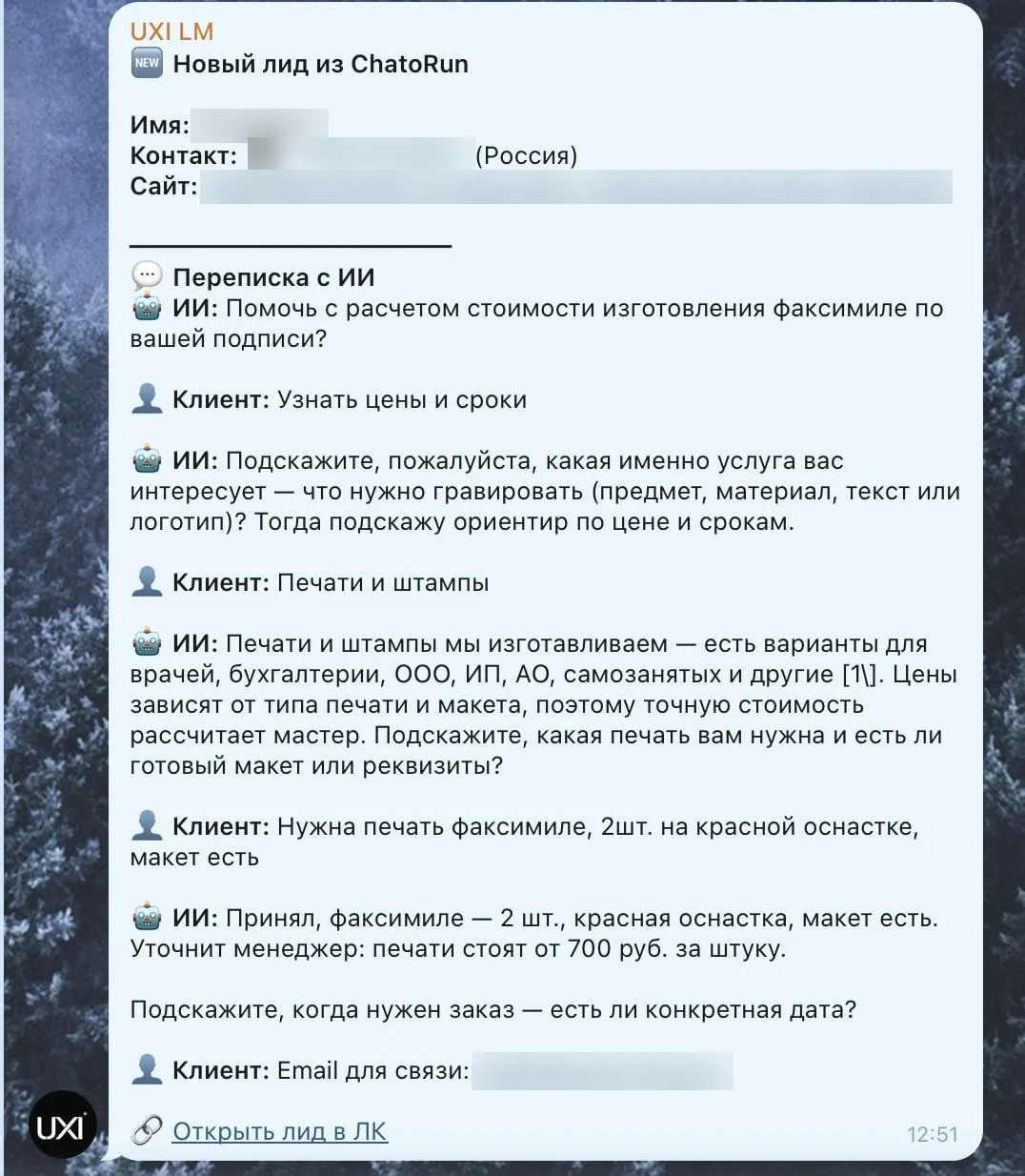 Уведомление менеджеру в Telegram: новый лид из ChatoRun с контактом, сайтом и перепиской с ИИ (личные данные скрыты)