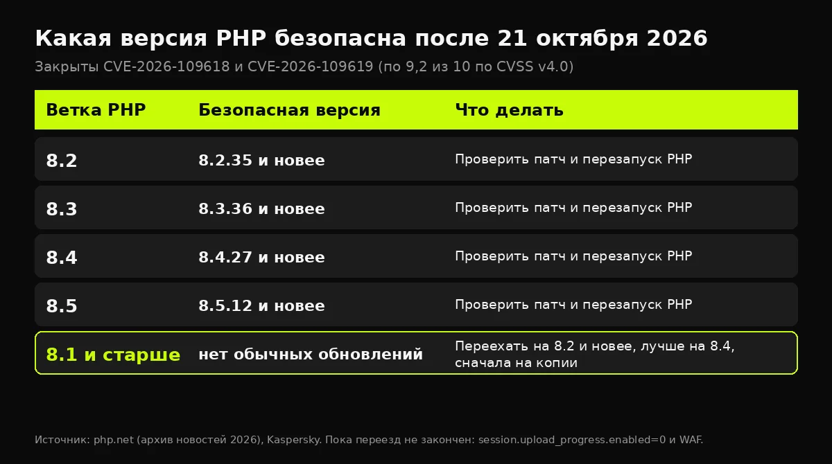 Таблица безопасных версий PHP по веткам после исправлений 21 октября [cms:ii-uskoril-vzlomy-sajtov-znachit-biznesa-p35-v2:image_2:f4d4e72318f6bb49a8cd184d]